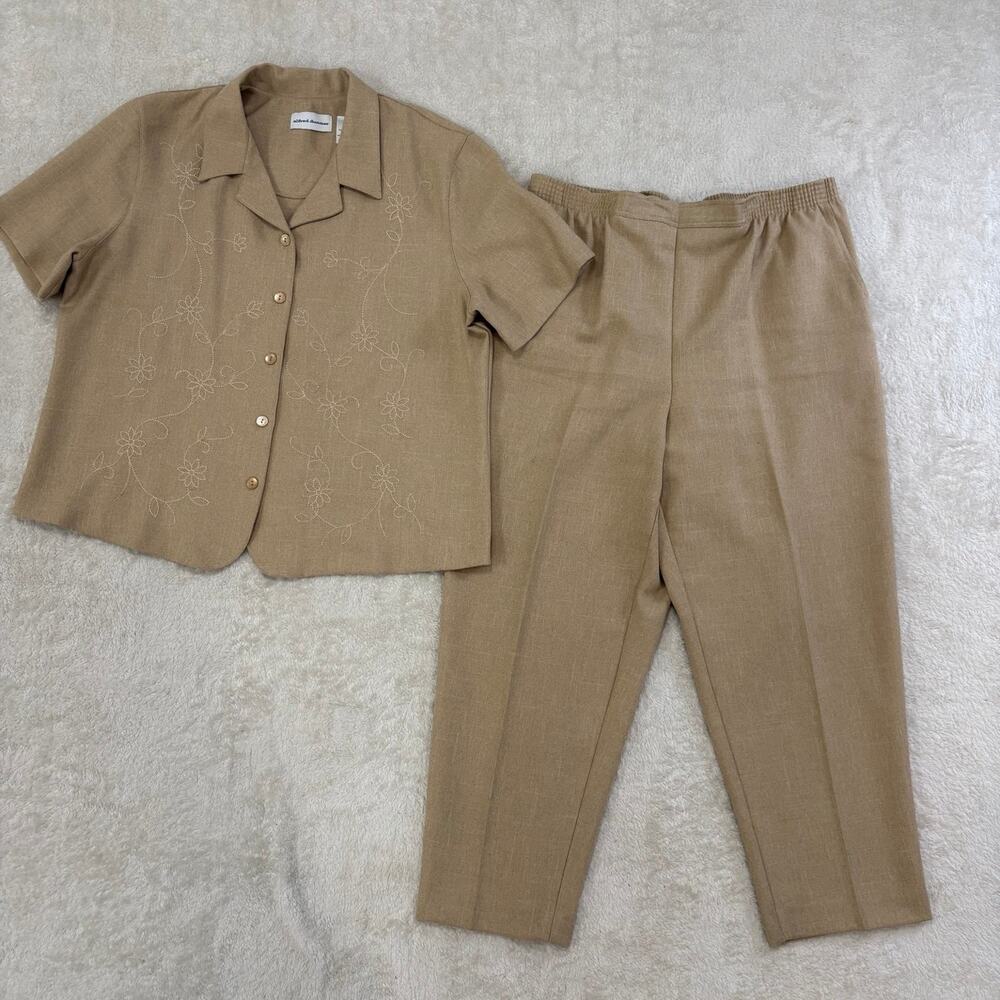 Alfred Dunner Womens 18 Tan Embroidered 2pc Pant Set Coastal Grandmother